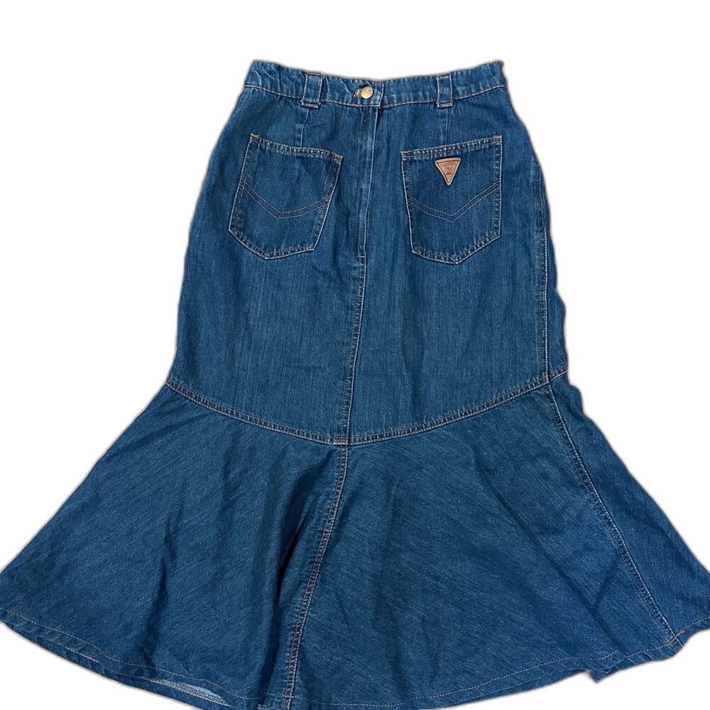 Vintage 90s Calypso Denim Paneled Flared Skirt Triangle Patch